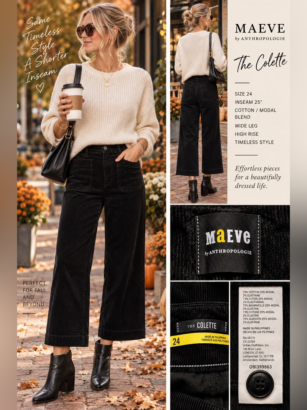 Maeve Anthropologie The Colette Black Corduroy Wide Leg Pants Size 24